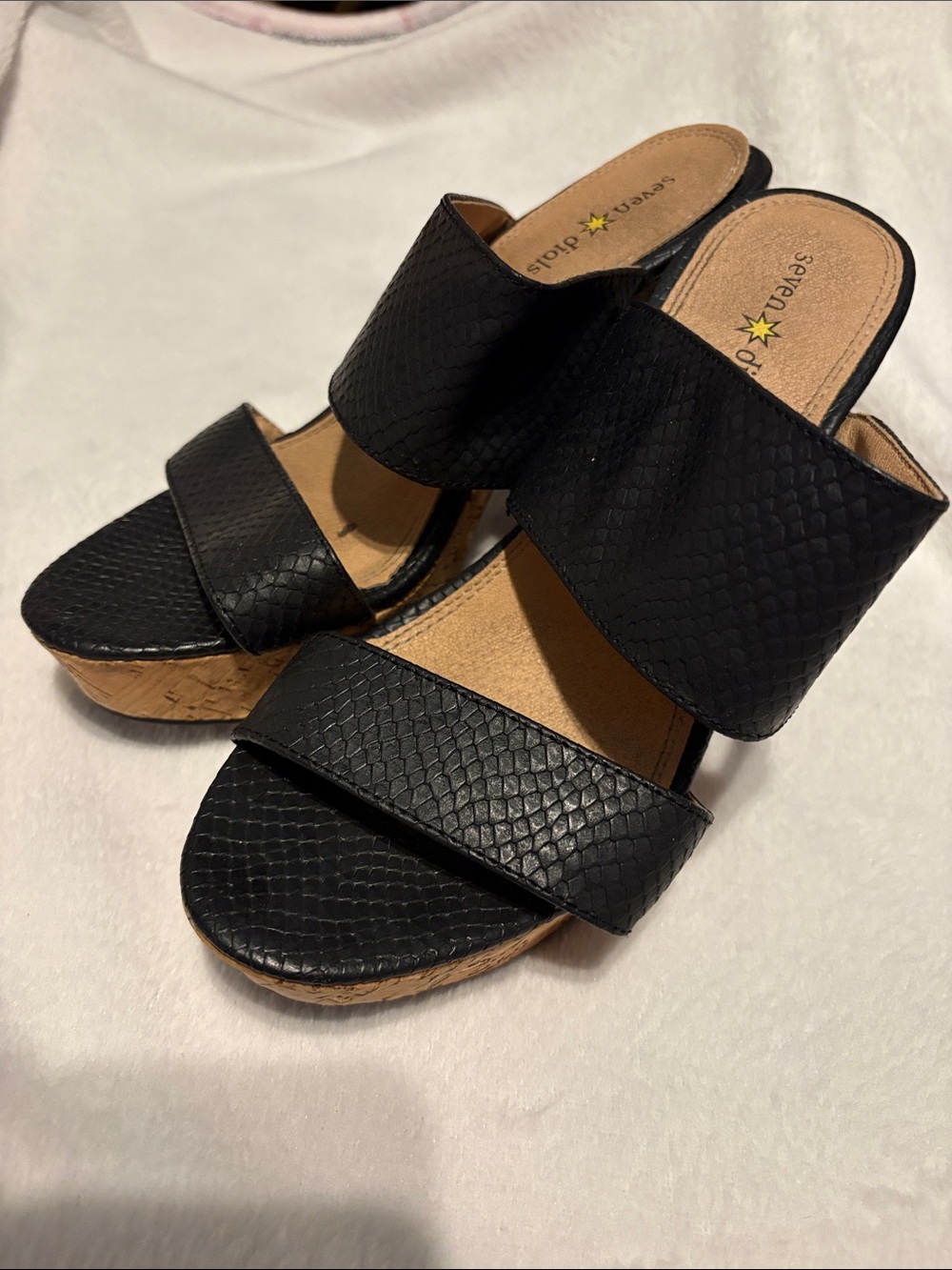 Seven Dials Black Textured Cork Wedge Slide Sandals